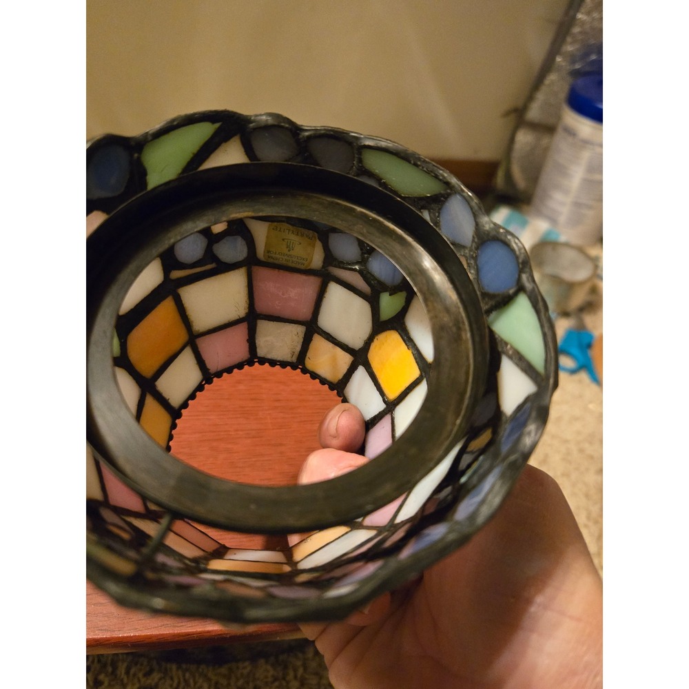 Vintage Stained Glass Lamp Shade Floral Pastel Mosaic Leaded Glass Small Shade - Picture 10 of 12